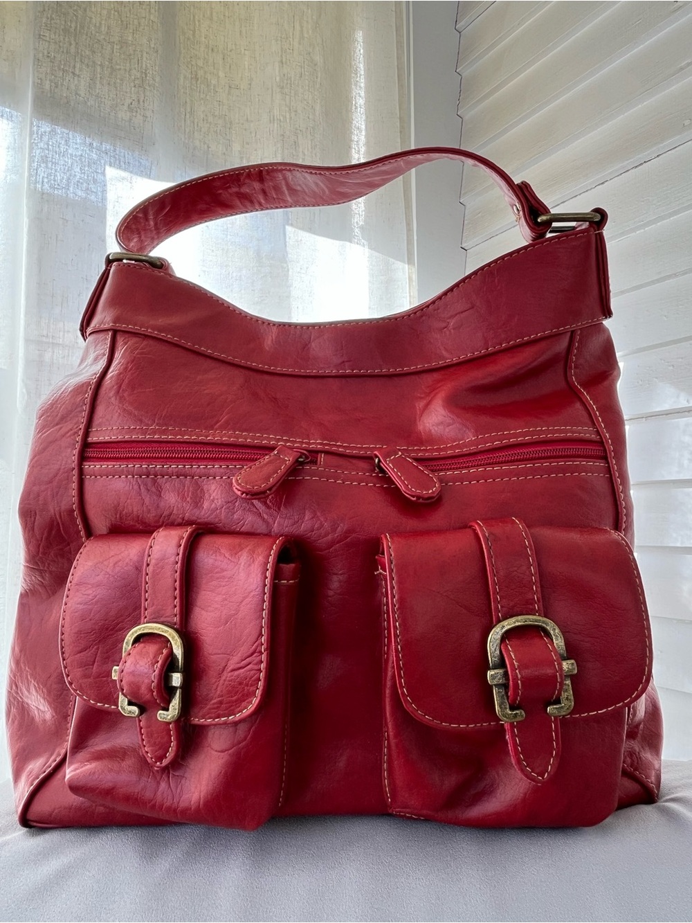 Classic Vintage Red Leather Shoulder Bag, EUC